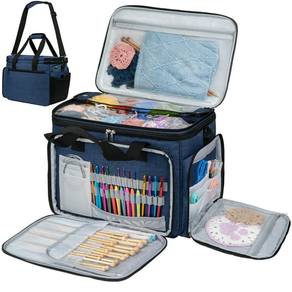 PAVILIA Knitting Bag Yarn Storage Tote, Large Crochet Organizer Bag, Yarn Storage Holder for Crocheting Knitter, Knitting Project Bag, Crochet Accessories Set, Gifts For Crochet Lovers, Heather Navy
