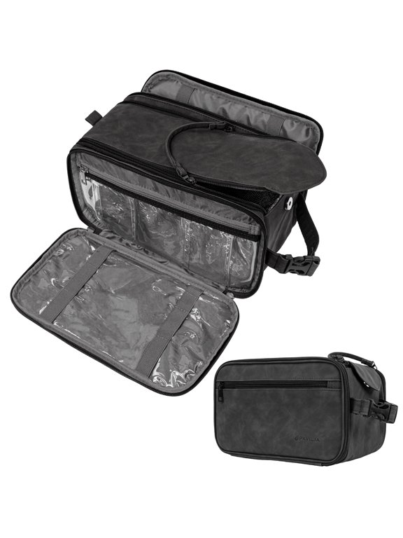 Large Toiletry Bag for Men Women, Mens Travel Bag Toiletries Organizer Case for Grooming, Travel Essentials Shaving Dopp Kit, PU Leather Water Resistant Cosmetic Pouch, Black