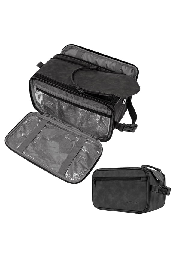 Large Toiletry Bag for Men Women, Mens Travel Bag Toiletries Organizer Case for Grooming, Travel Essentials Shaving Dopp Kit, PU Leather Water Resistant Cosmetic Pouch, Black