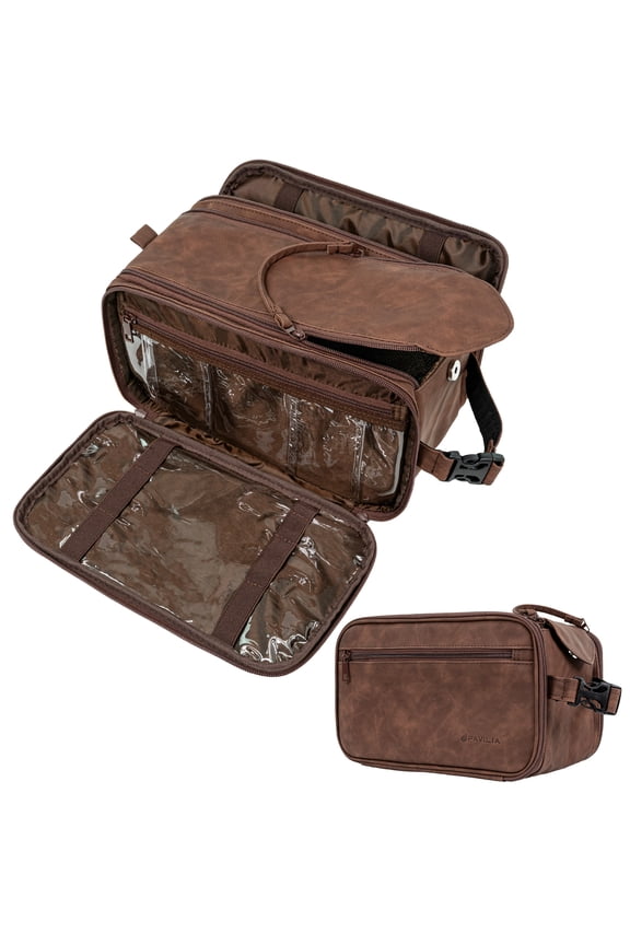 Large Toiletry Bag for Men Women, Mens Travel Bag Toiletries Organizer Case for Grooming, Travel Essentials Shaving Dopp Kit, PU Leather Water Resistant Cosmetic Pouch, Dark Brown