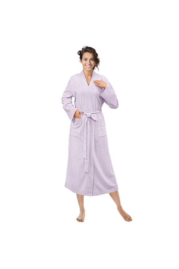 Lavender Light Purple Women Waffle Knit Kimono Robe, Soft Cozy Breathable Lightweight Bathrobe with Side Pockets, Shower Spa House Long Robe for Women, 2XL/3XL