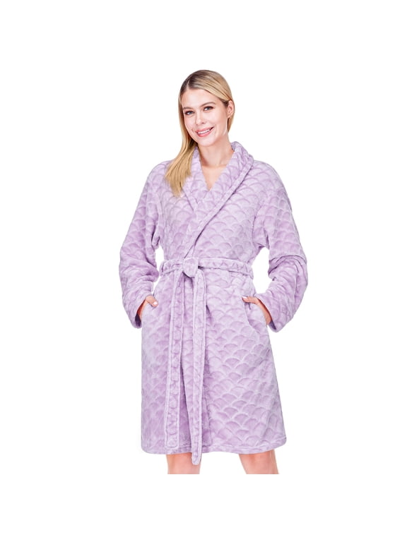 Light Purple Plush Robe for Women, Soft Fleece Short Bathrobe, S/M