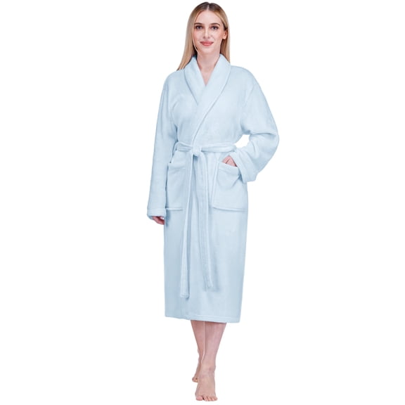 PAVILIA Light Blue Women Robe Fleece Plush Soft, Fluffy Fuzzy Cozy Warm Lightweight Bathrobe, Shower Spa House Long Robe for Women, S/M