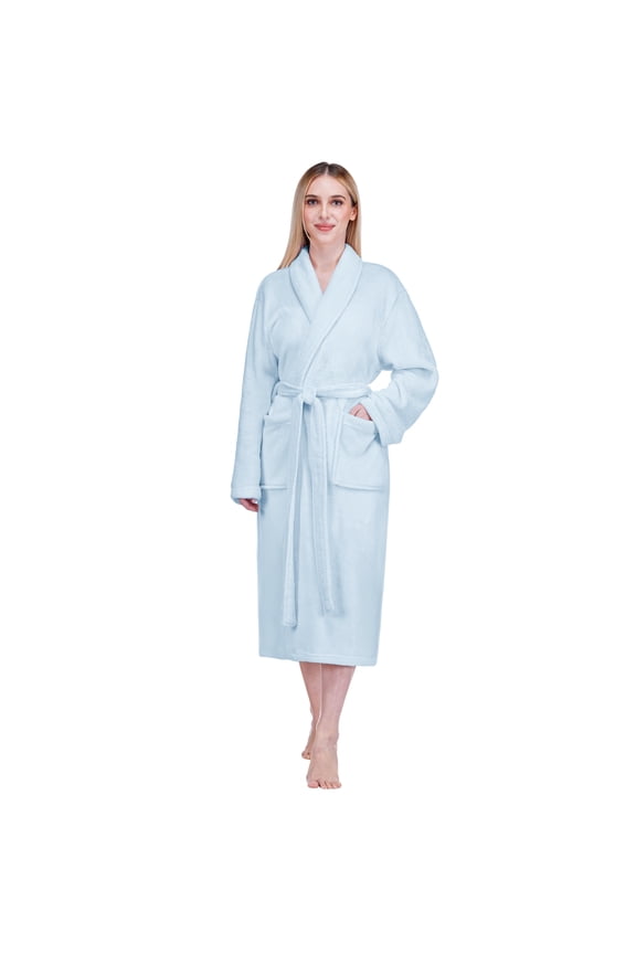 Light Blue Women Robe Fleece Plush Soft, Fluffy Fuzzy Cozy Warm Lightweight Bathrobe, Shower Spa House Long Robe for Women, S/M