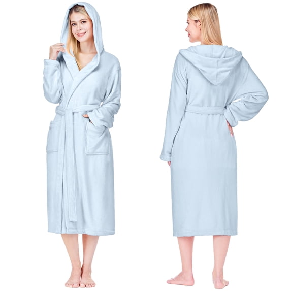 PAVILIA Light Blue Women Robe with Hood, Fleece Fluffy Soft Long Hooded Robe for Women, Plush Fuzzy Cozy Warm Bathrobe Shower Spa House, S/M