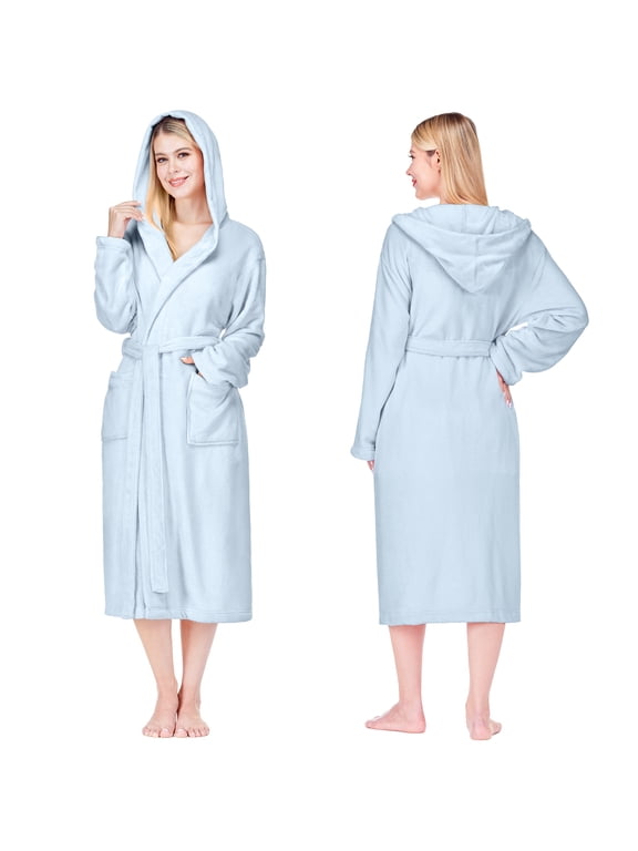 Womens Hooded Fleece Robe, Soft Plush Bathrobe, S/M, Light Blue