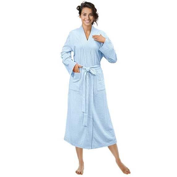 PAVILIA Light Blue Women Waffle Knit Kimono Robe, Soft Cozy Breathable Lightweight Bathrobe with Side Pockets, Shower Spa House Long Robe for Women, 2XL/3XL
