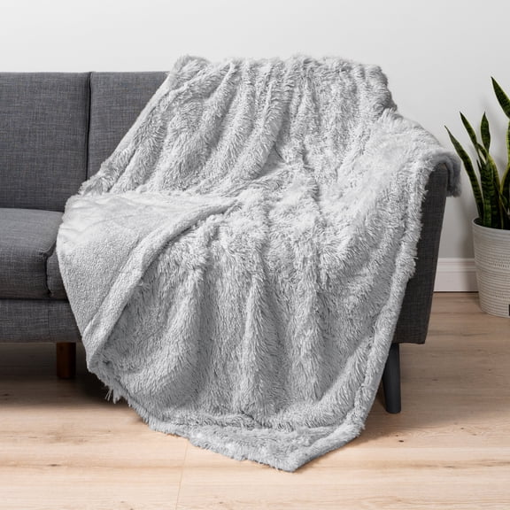 PAVILIA Light Gray Fluffy Throw Blanket for Couch, Fuzzy Blanket for Women Men, Furry Plush Warm Blanket Bed Sofa, Super Soft Thick Faux Fur Sherpa Blanket Throw, 50x60