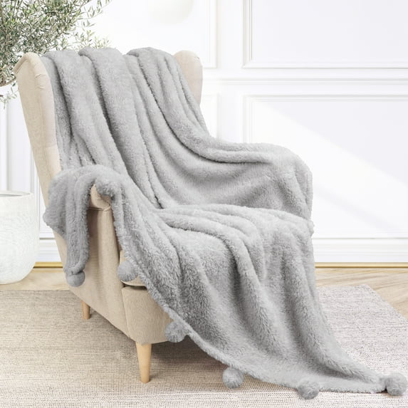 PAVILIA Light Gray Sherpa Throw Blanket with Soft Pom Pom Fringe, Plush Cozy Warm Blankets for Couch Bed Sofa, Fuzzy Fleece Throw with Pompom, Lightweight Fluffy, Light Grey 50x60 in