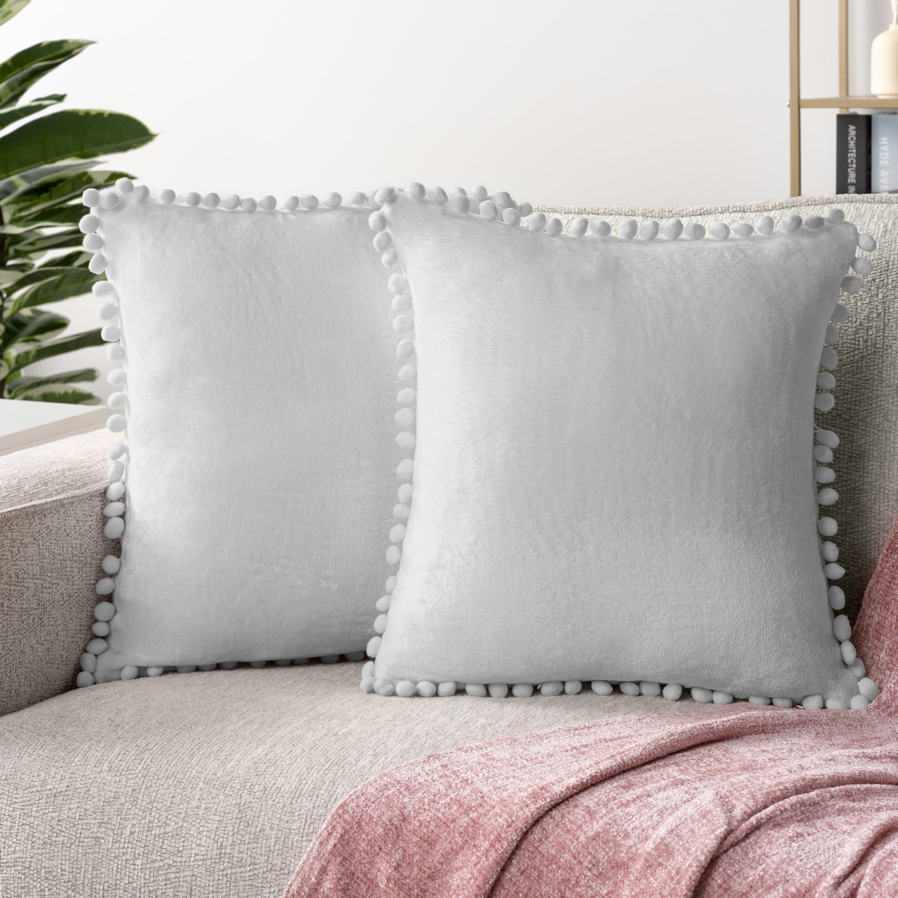 PAVILIA Light Gray Throw Pillow Covers with Pom Pom 18x18 Set of 2 ...