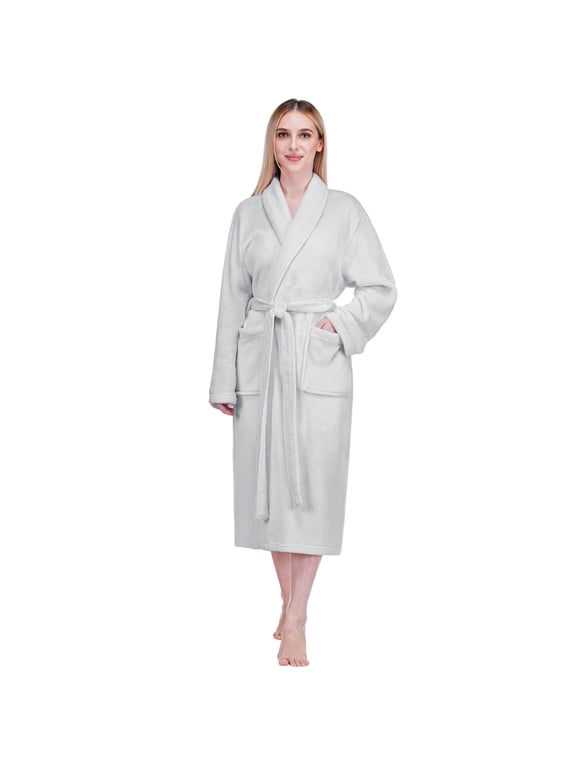 Light Gray Womens Robe, Fleece Plush Soft Fluffy Bathrobe, L/XL