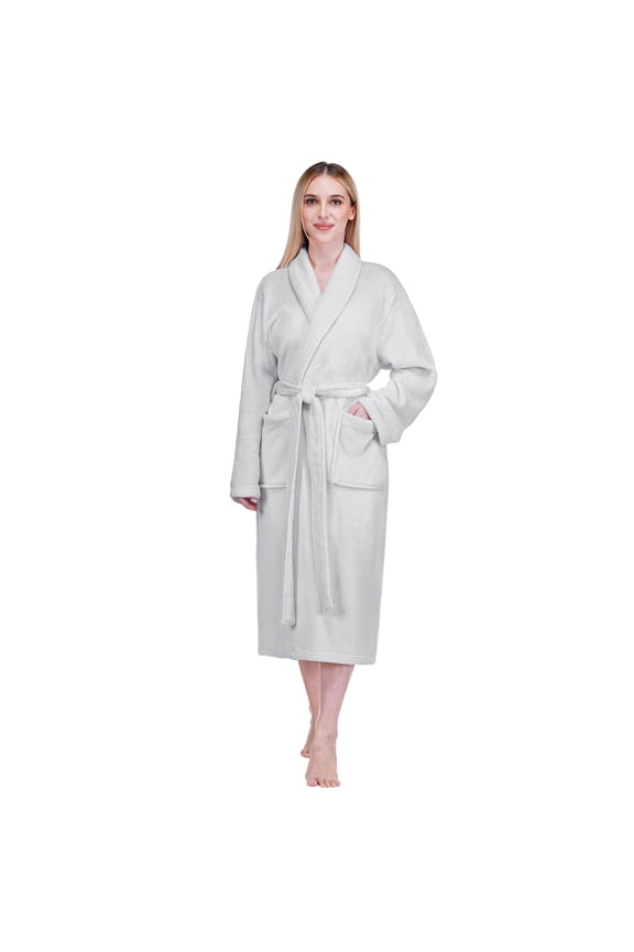 Light Gray Women Robe Fleece Plush Soft, Fluffy Fuzzy Cozy Warm Lightweight Bathrobe, Shower Spa House Long Robe for Women, L/XL