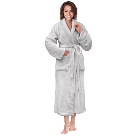 PAVILIA Light Gray Women Robe Fleece Plush Soft, Fluffy Fuzzy Cozy Warm Lightweight Bathrobe, Shower Spa House Long Robe for Women, S/M