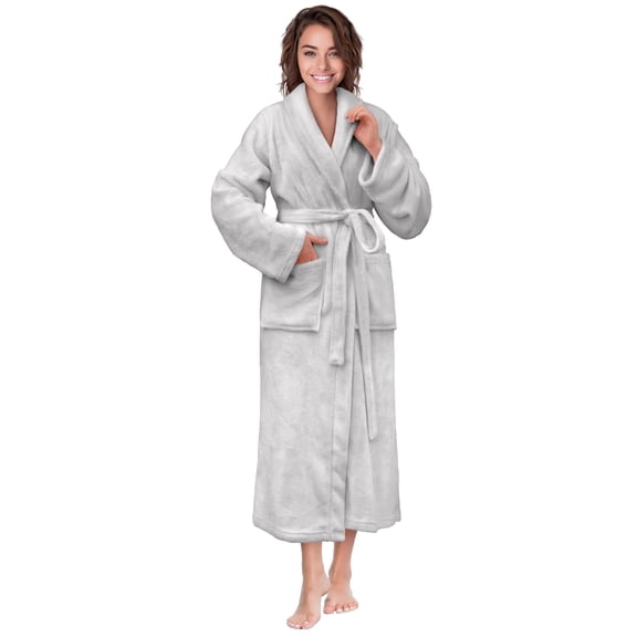 PAVILIA Light Gray Women Robe Fleece Plush Soft, Fluffy Fuzzy Cozy Warm Lightweight Bathrobe, Shower Spa House Long Robe for Women, S/M