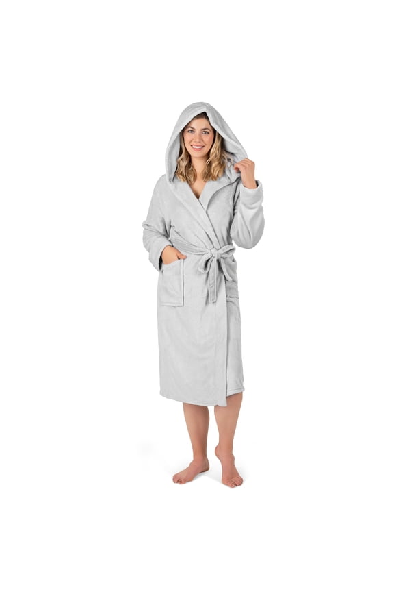 Light Gray Women Robe with Hood, Fleece Lightweight Soft Long Hooded Robe for Women, Plush Fuzzy Cozy Warm Bathrobe Shower Spa House, S/M