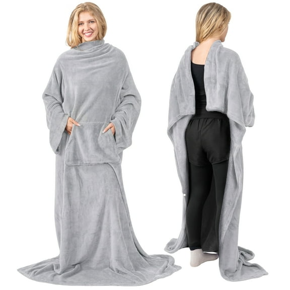 PAVILIA Light Grey Fleece Wearable Blanket with Sleeves for Adults Women Men, Soft Warm Full Body Wrap Throw, Sweatshirt Pocket, Cozy Pullover Robe Blanket with Arm, Gifts for Christmas Mom Wife