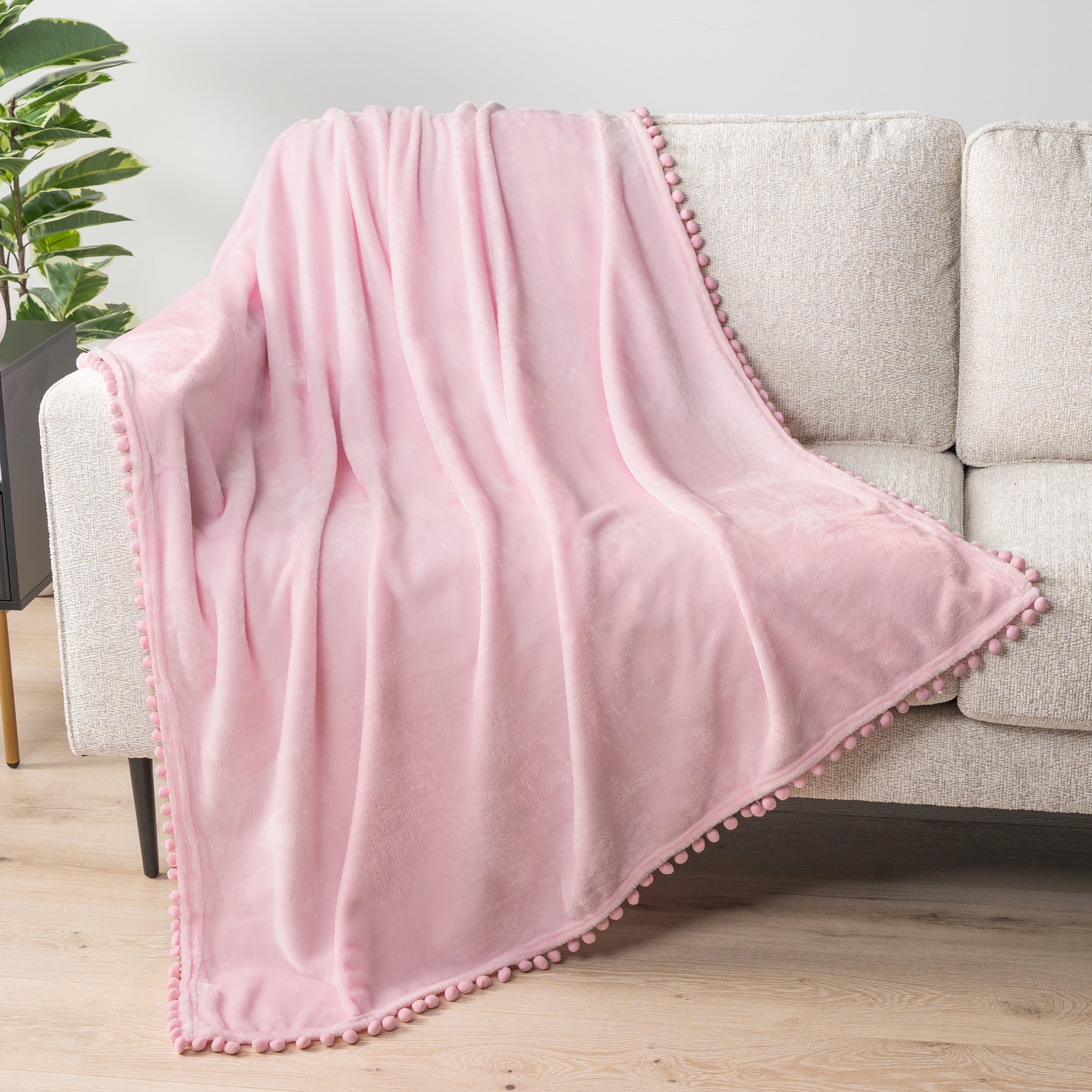 Light Pink Fleece Throw Blanket with Pom Pom Fringe