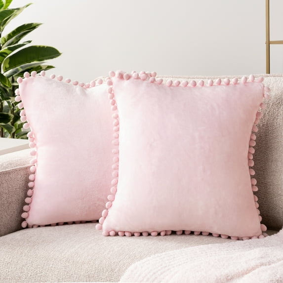PAVILIA Light Pink Throw Pillow Covers with Pom Pom 18x18 Set of 2, Decorative Pillow Cases for Bedroom Aesthetic, Small Throw Pillows Set for Bed, Velvet Euro Plush Cushion Covers for Sofa Couch