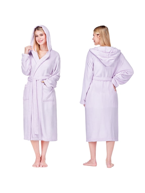 Womens Hooded Fleece Robe, Soft Plush Bathrobe, L/XL, Light Purple