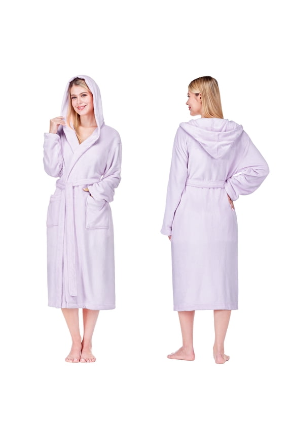 Women’s Hooded Fleece Robe, Soft Plush Long Bathrobe with Hood, Lightweight Warm Cozy Spa Shower Housecoat, L/XL, Light Purple