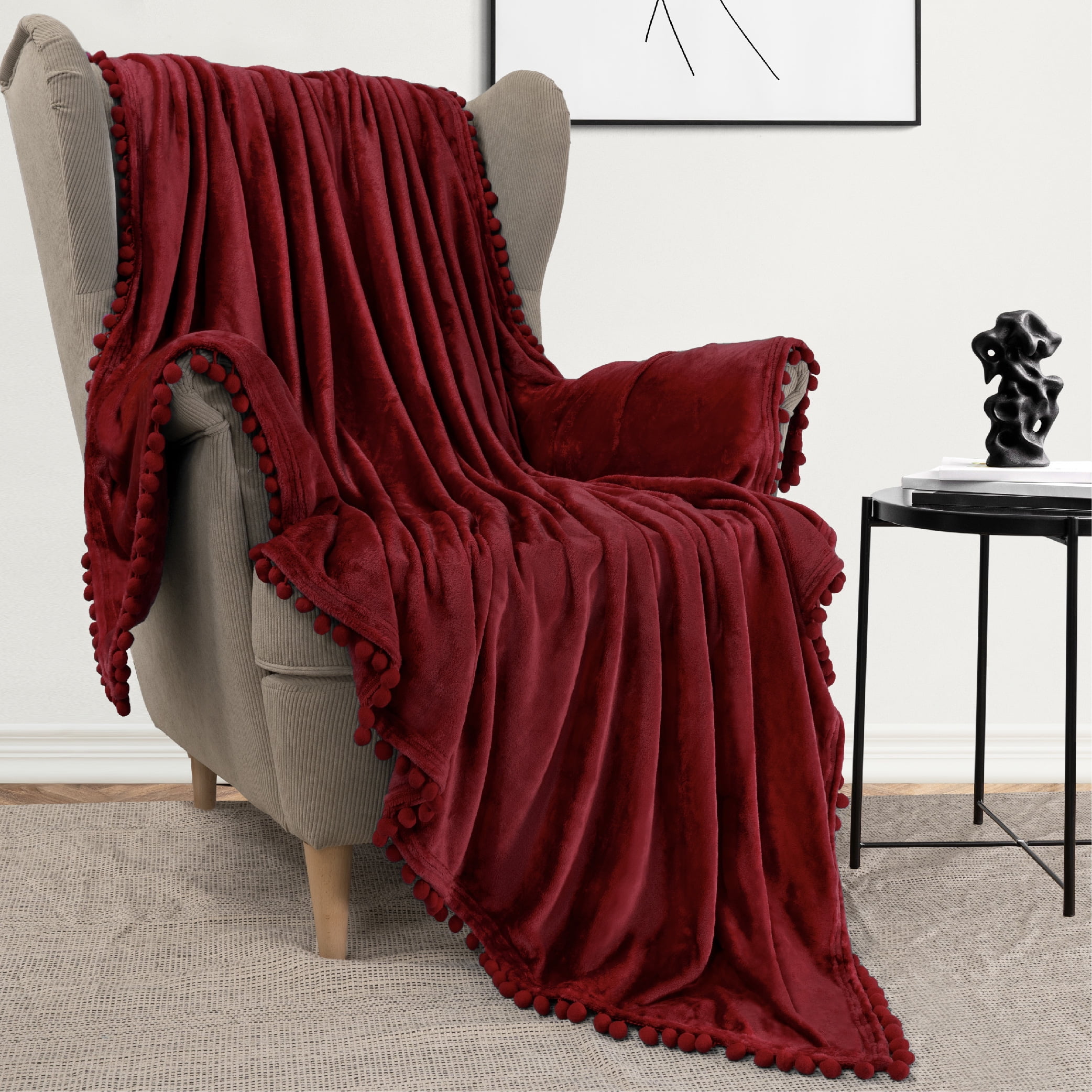 PAVILIA Maroon Red Throw Blanket Pom Pom Twin Bed Couch Sofa, Fleece