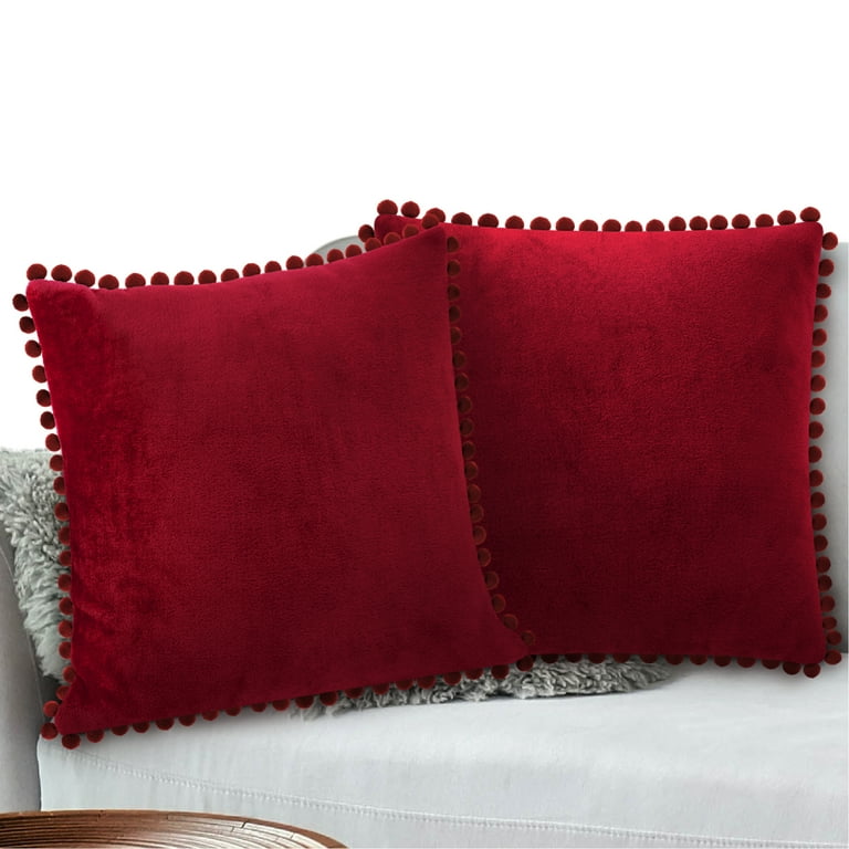 PAVILIA Maroon Red Throw Pillow Covers Pom Pom 18x18 Set of 2