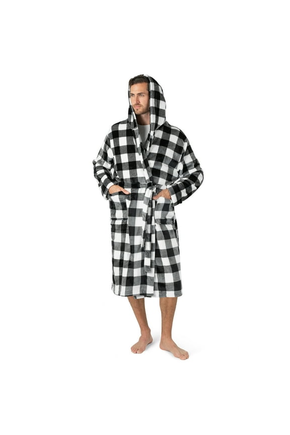 Mens Robe, Hooded Bathrobe for Men, Fleece White and Black Robe for Men with Hood, Plush Long Male Robe with Pockets - Plaid White Buffalo Check