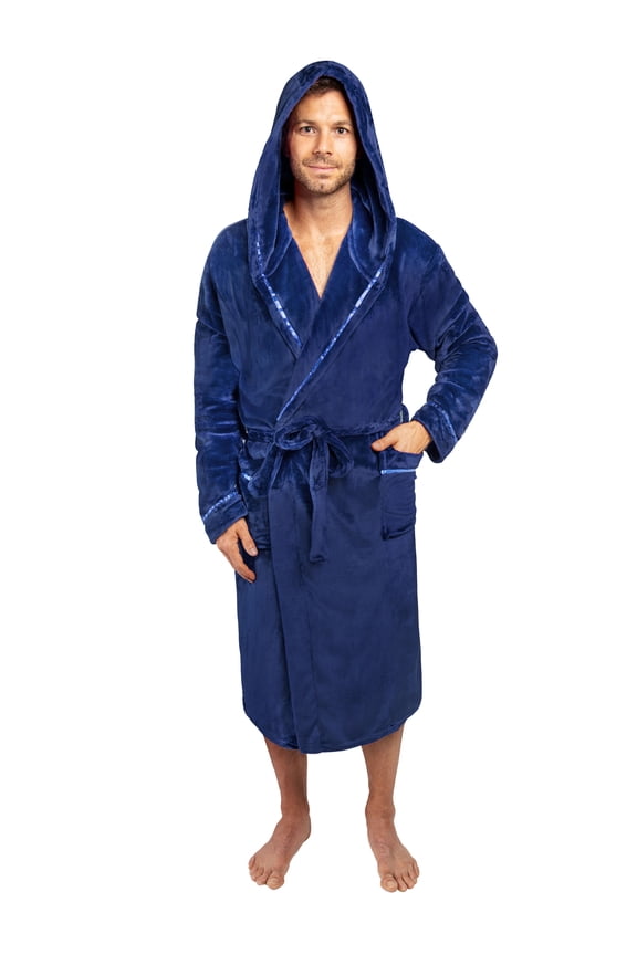 Mens Robe, Hooded Bathrobe for Men, Fleece Blue Robe for Men with Hood, Plush Long Male Robe with Pockets, Satin Trim - Blue