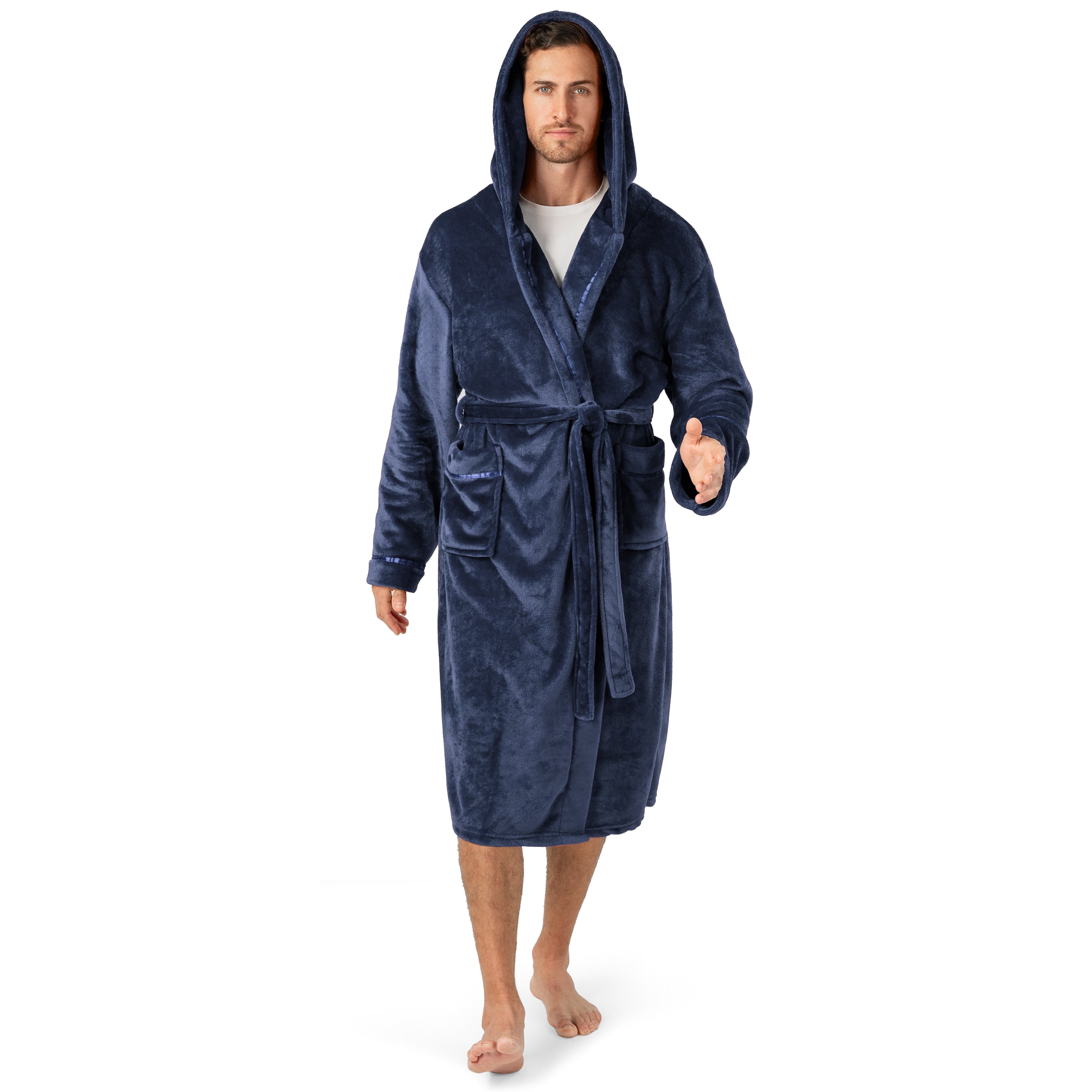 PAVILIA Mens Robe, Hooded Bathrobe for Men, Fleece Blue Robe for Men ...