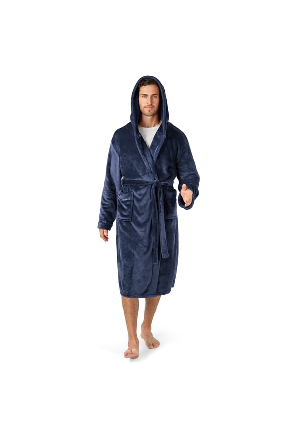 Mens Robe, Hooded Bathrobe for Men, Fleece Blue Robe for Men with Hood, Plush Long Male Robe with Pockets, Satin Trim - Navy