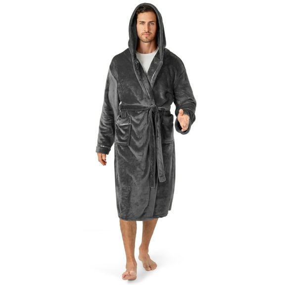 PAVILIA Mens Robe, Hooded Bathrobe for Men, Fleece Grey Robe for Men with Hood, Plush Long Male Robe with Pockets, Satin Trim - Gray