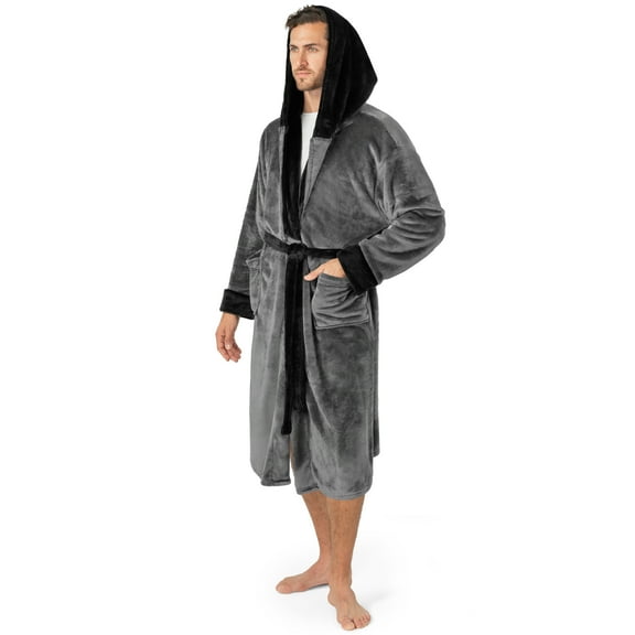 PAVILIA Mens Robe, Hooded Bathrobe for Men, Fleece Grey Robe for Men with Hood, Plush Long Male Robe with Pockets - Two Tone Grey-Black