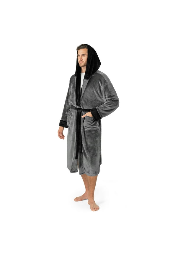 Mens Robe, Hooded Bathrobe for Men, Fleece Grey Robe for Men with Hood, Plush Long Male Robe with Pockets - Two Tone Grey-Black