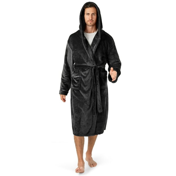 PAVILIA Mens Robe, Hooded Bathrobe for Men, Fleece Black Robe for Men with Hood, Plush Long Male Robe with Pockets, Satin Trim - Black