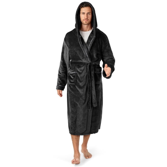 PAVILIA Mens Fleece Robe, Hooded Long Warm Bathrobe for Men Bath, Black