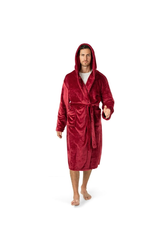 Mens Robe, Hooded Bathrobe for Men, Fleece Red Robe for Men with Hood, Plush Long Male Robe with Pockets, Satin Trim - Wine Red