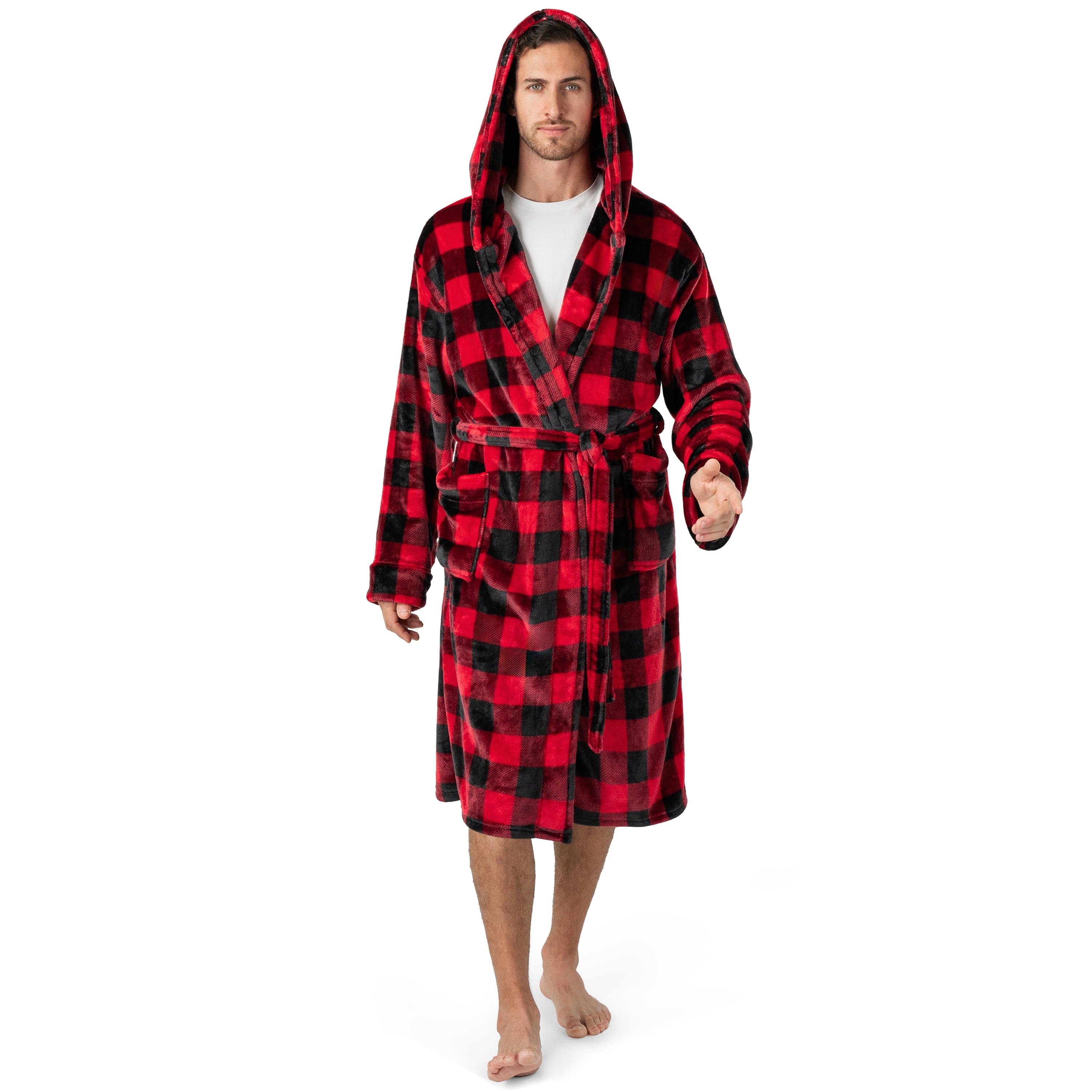 PAVILIA Plaid Men's Robe with Hood, Soft Fleece - Warm, Adjustable ...