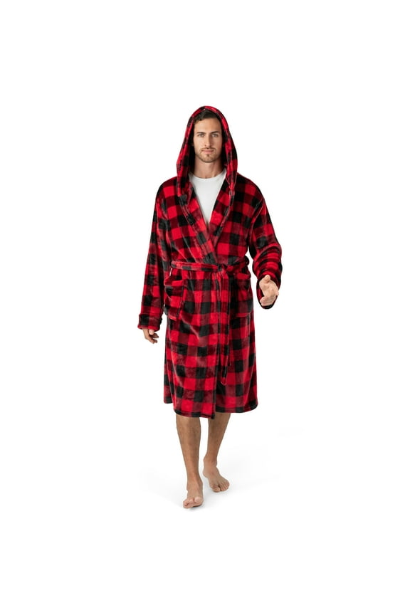 Mens Robe, Hooded Bathrobe for Men, Fleece Red and Black Robe for Men with Hood, Plush Long Male Robe with Pockets - Plaid Red Buffalo Check