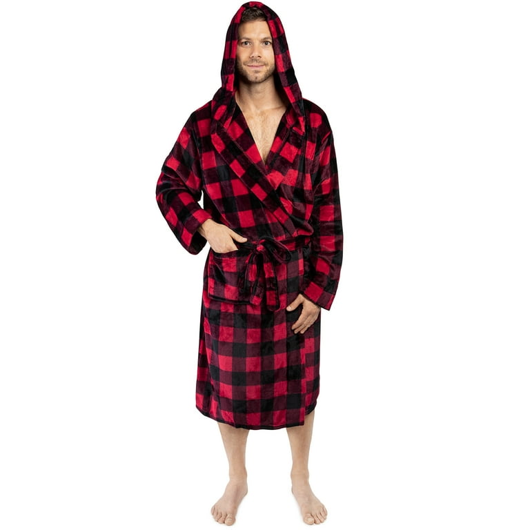 Mens Red & Black Plaid Fleece Robe