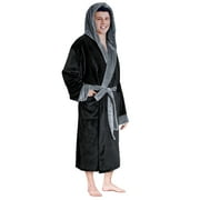 PAVILIA Mens Robe, Hooded Soft Robe for Men, Warm Bathrobe for Men with Hood Bath Shower Spa with Shawl Collar, Pockets, Plush Fleece - Two-Tone Black-Gray