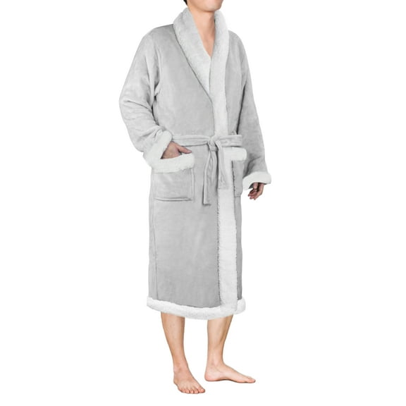 PAVILIA Mens Robe, Sherpa Lined Robe for Men, Fleece Fluffy Warm Long Bathrobe for Bath Shower Spa with Shawl Collar and Pockets, Sherpa Light Gray