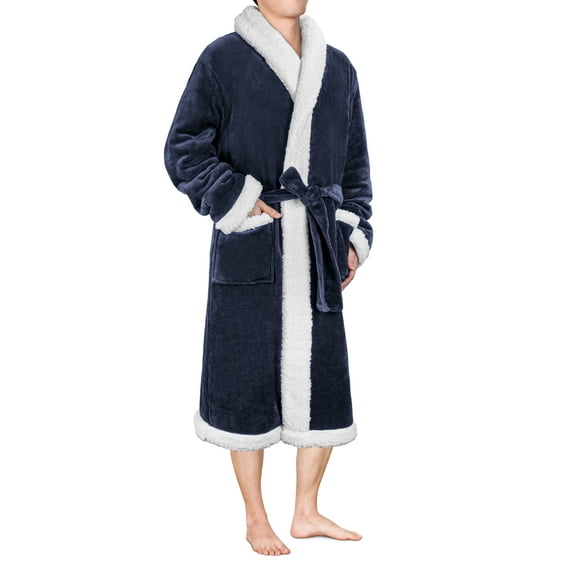 PAVILIA Mens Robe, Sherpa Lined Robe for Men, Fleece Fluffy Warm Long Bathrobe for Bath Shower Spa with Shawl Collar and Pockets, Sherpa Navy Blue