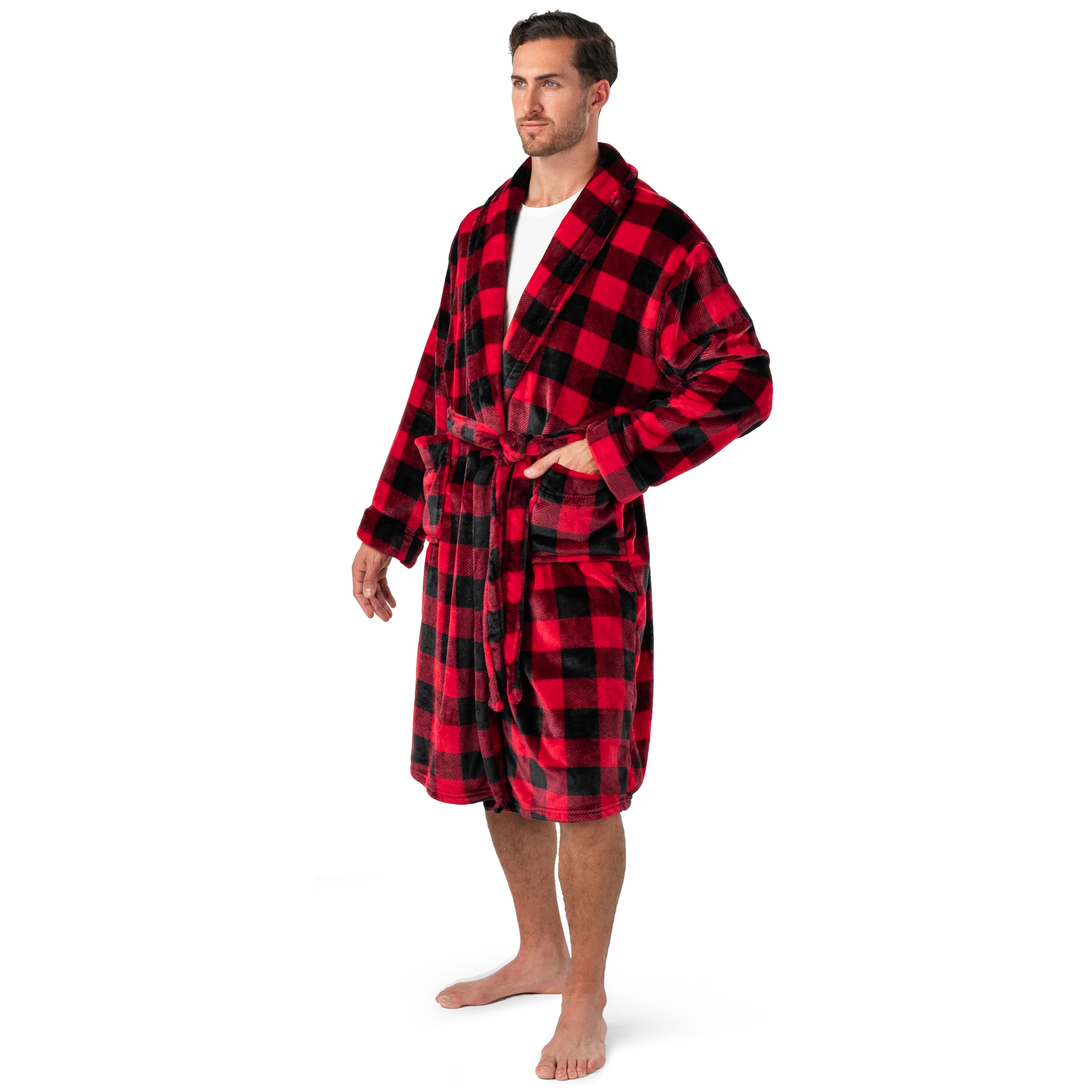 Red and Black Plaid Fleece Mid-Calf Bathrobe