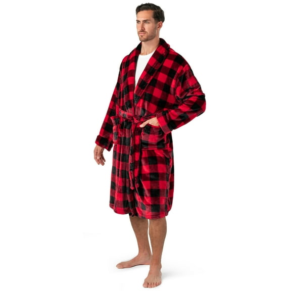 PAVILIA Mens Robe, Soft Plaid Robe for Men, Fleece Warm Long Bathrobe for Bath Shower Spa with Shawl Collar and Pockets, Plush Microfiber - Black and Red Buffalo Plaid Checkered
