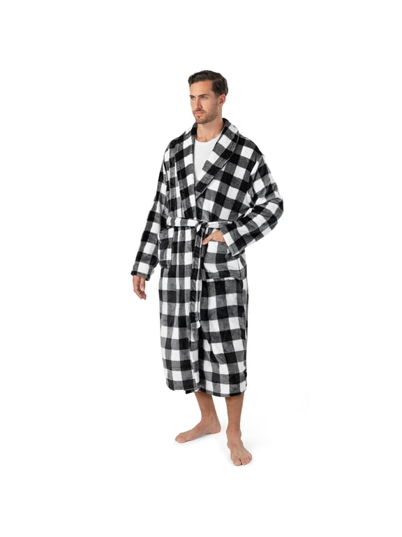 Mens Fleece Robe Warm Long Bathrobe for Men Bath, Plaid White Black