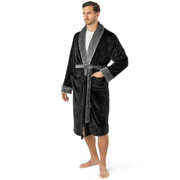 PAVILIA Mens Robe, Soft Robe for Men, Fleece Warm Long Bathrobe for Bath Shower Spa with Shawl Collar and Pockets, Plush Microfiber -Two Tone Black-Gray