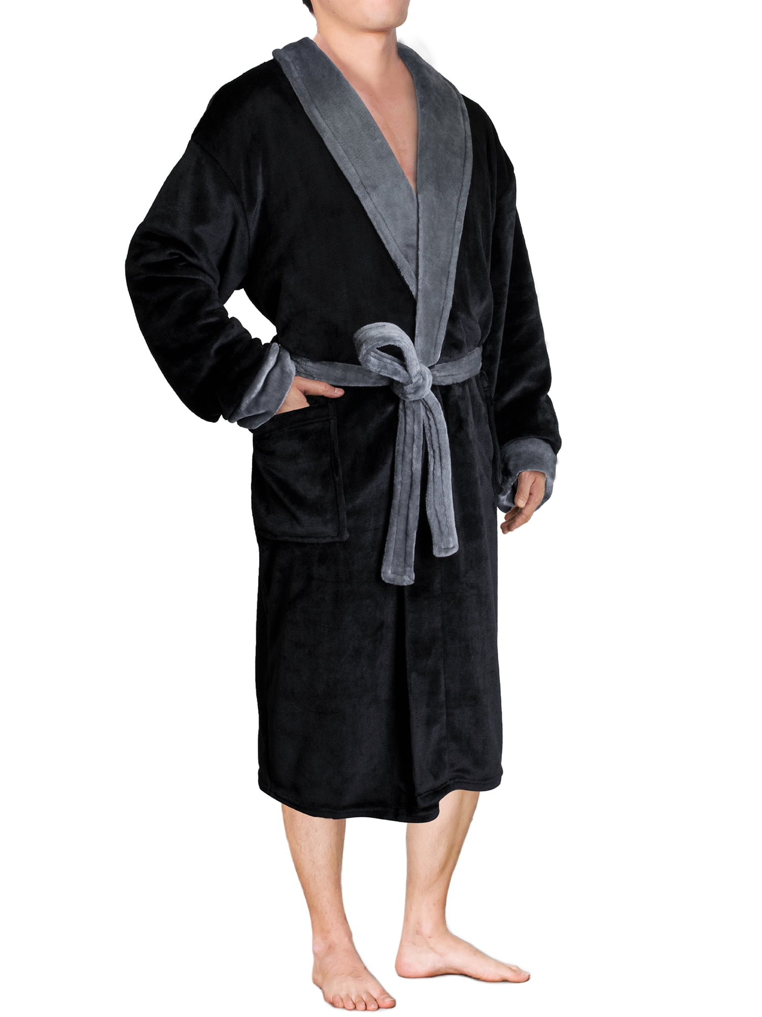 Men Warm Fleece Robe Microfiber Bathrobe Shawl Collar Long Spa Robe  Sleepwear