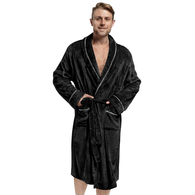 Men Warm Fleece Robe Microfiber Bathrobe Shawl Collar Long Spa Robe  Sleepwear