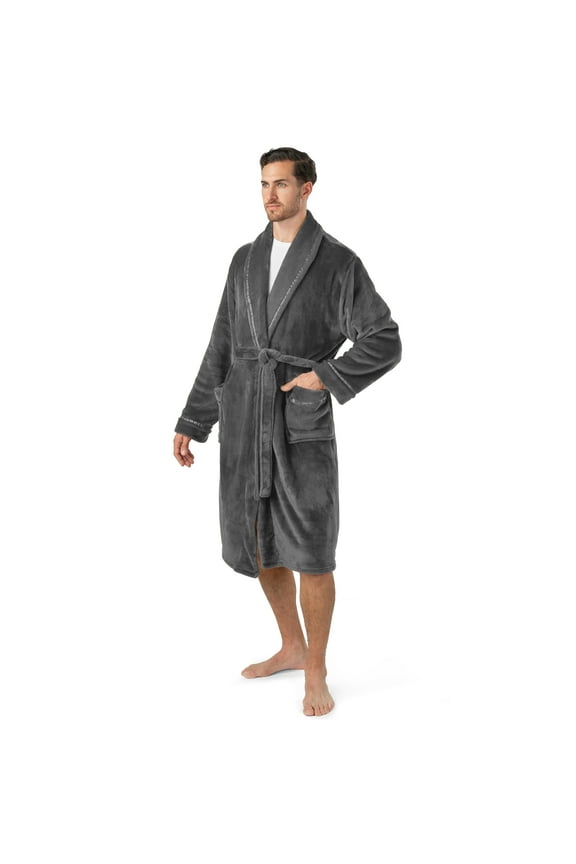 Mens Robe, Soft Robe for Men, Fleece Warm Long Bathrobe for Bath Shower Spa with Shawl Collar and Pockets, Plush Microfiber - Dark Gray