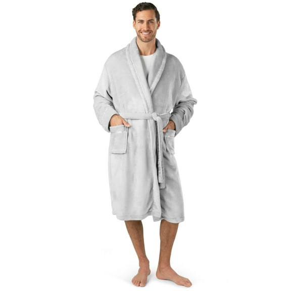 PAVILIA Mens Robe, Soft Robe for Men, Fleece Warm Long Bathrobe for Bath Shower Spa with Shawl Collar and Pockets, Plush Microfiber - Light Gray